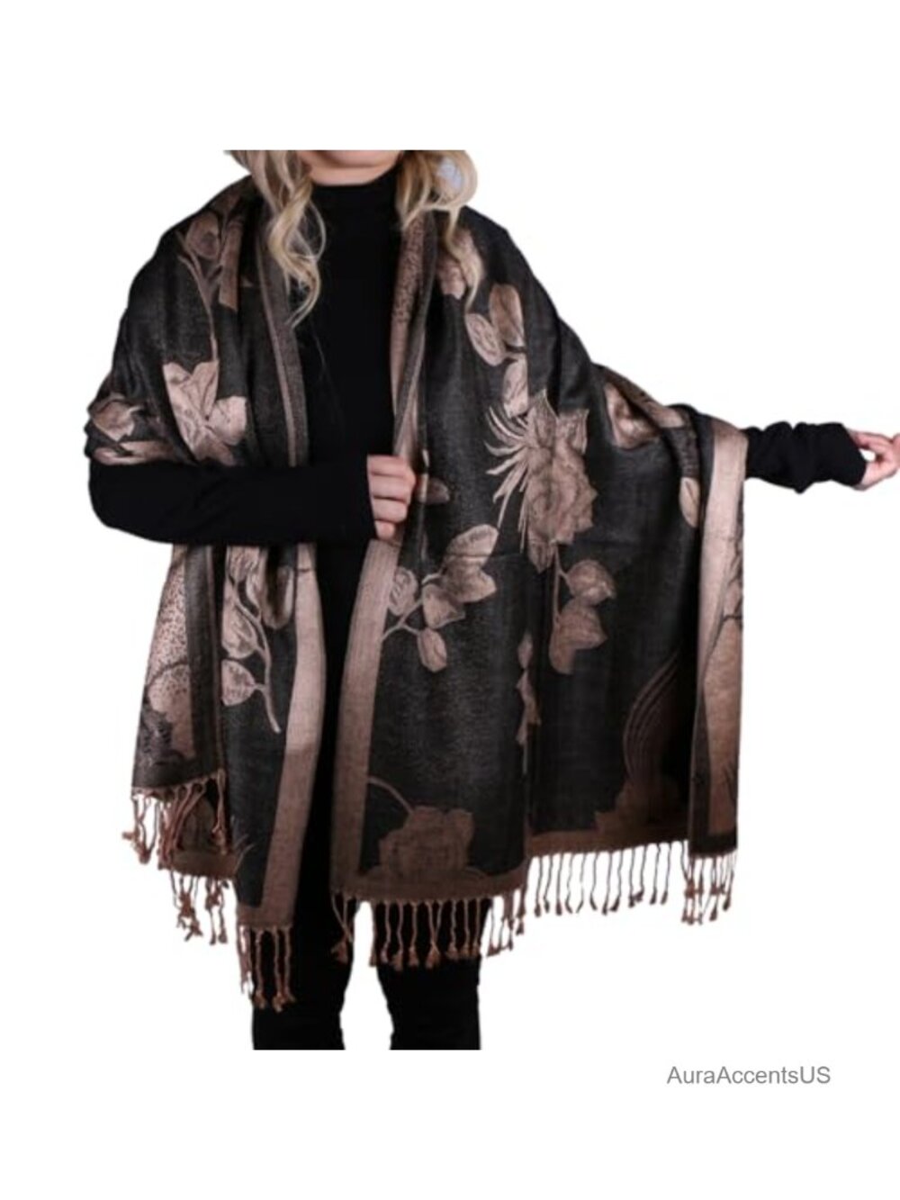 Soft Silky Floral Rose Shawl Wrap Scarf with Fringes Reversible